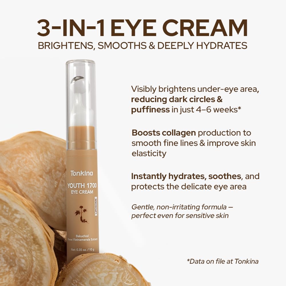 Youth 1700 Caffeine Eye Cream, Under Eye Brightener & Anti-Aging with Peptides, Hyaluronic Acid, Niacinamide, Bakuchiol, Vietnamese Ginseng for Dark Circles, Puffiness, Wrinkles and Hydrating Skin