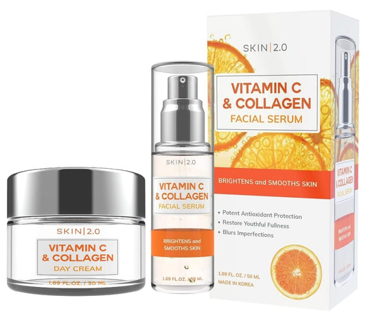 Vitamin C & Collagen Serum & Day Cream Set - Anti-Aging, Dark Spot Remover & Brightening - Dermatologist Tested Korean Skincare - Clean Beauty, Cruelty-Free, All Skin Types - 1.69 Fl. oz