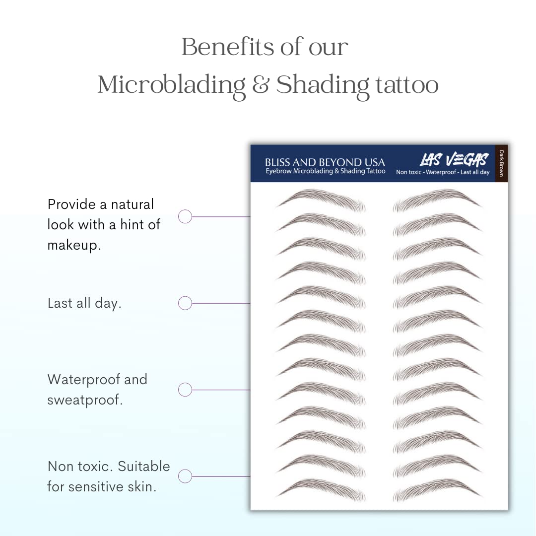 Bliss and Beyond USA, 2 sheets eyebrow tattoo waterproof sticker, Long Lasting, Natural Looking Fake Eyebrow for Alopecia, Chemo, Cancer gift. Same Size eyebrow tattoos (Natural Las Vegas, Dark Brown)