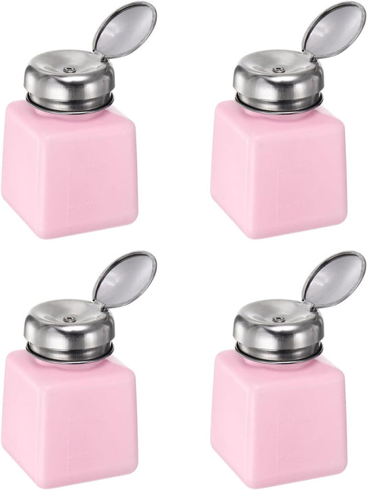 HARFINGTON 4PCS 100ML(3.4oz) Push Down Alcohol Dispenser Pump Liquid Press Empty Bottles Refillable Container for Acetone Cleanser Nail Polish Remover, Pink