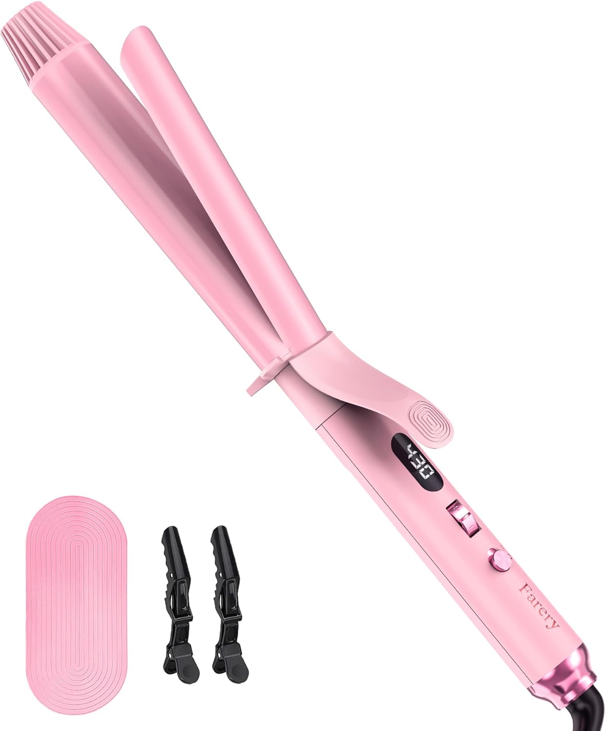 FARERY Long Barrel Curling Iron 1 1/4 inch, 1.25 Inch Curling Iron for Thin Hair, Infused Argan Oil & Keratin, 11 Adjustable Temp, Include Clips & Silicone Pad, Pink