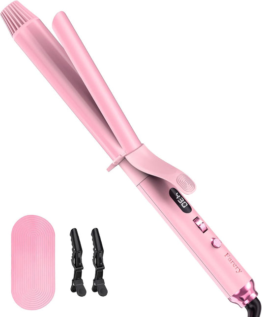 FARERY Long Barrel Curling Iron 1 1/4 inch, 1.25 Inch Curling Iron for Thin Hair, Infused Argan Oil & Keratin, 11 Adjustable Temp, Include Clips & Silicone Pad, Pink