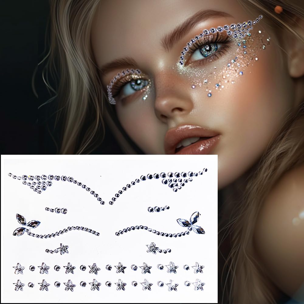 Eyeliner Gems,Rhinestone Festival Eyeliner Face Bindi Decorations Jewels Body Glitter Crystal Sticker for Men Women Kids Halloween Prank Makeup Costume,2-Pack
