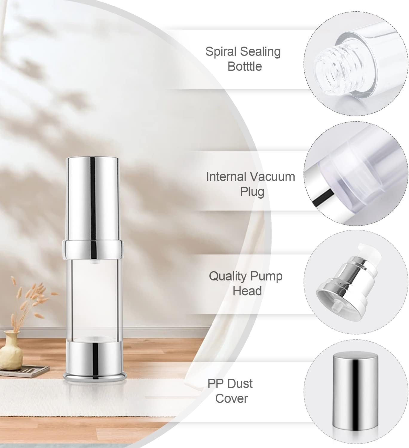 8 Pack 5ml/0.17oz Plastic Airless Pump Bottle Portable Lotion Container Refillable Cream Jar Vacuum Pump Press Dispenser for Travel Cosmetic Emulsion Liquid Foundation Shampoo Toiletries Sample