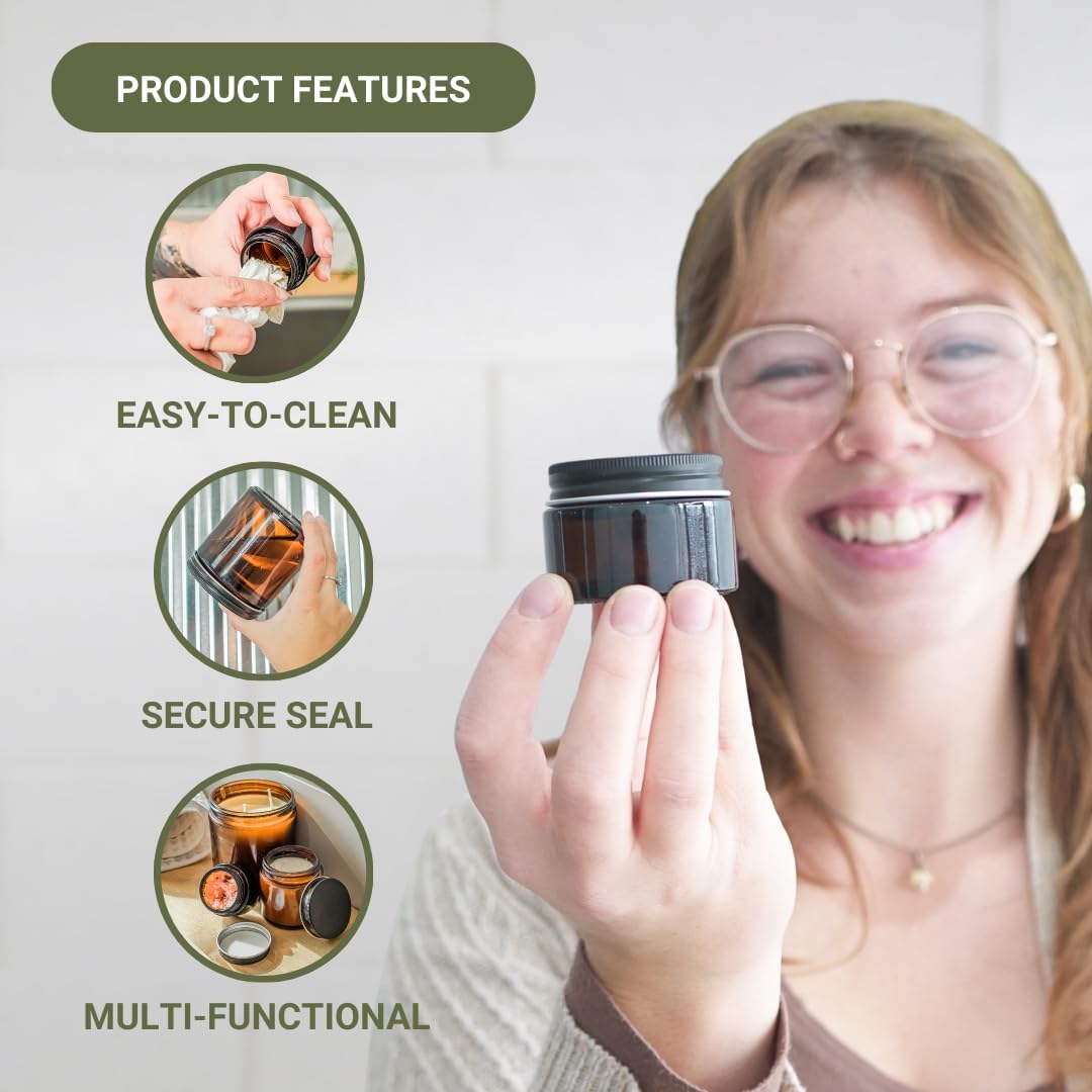 Glass Amber 1oz Jar - 12 Packs, Empty Round Jars For Beauty Products, Lotion, and Powders - Black Lid - Small Candle Jars