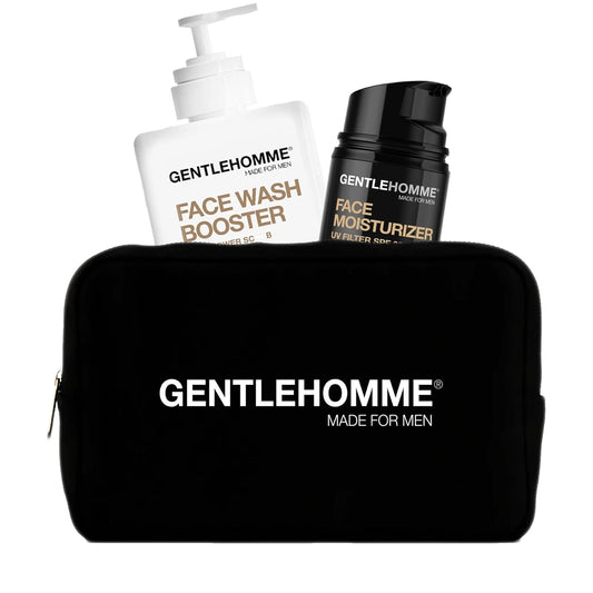 Gentlehomme Facial Kit - Pouch, Facial Cream & Cleanser for Men, Face Essentials for Travel, Men's Travel Skincare Set - Includes Facial Cream (1.8 oz), Exfoliating Face Wash Booster (3.4 oz) & Pouch