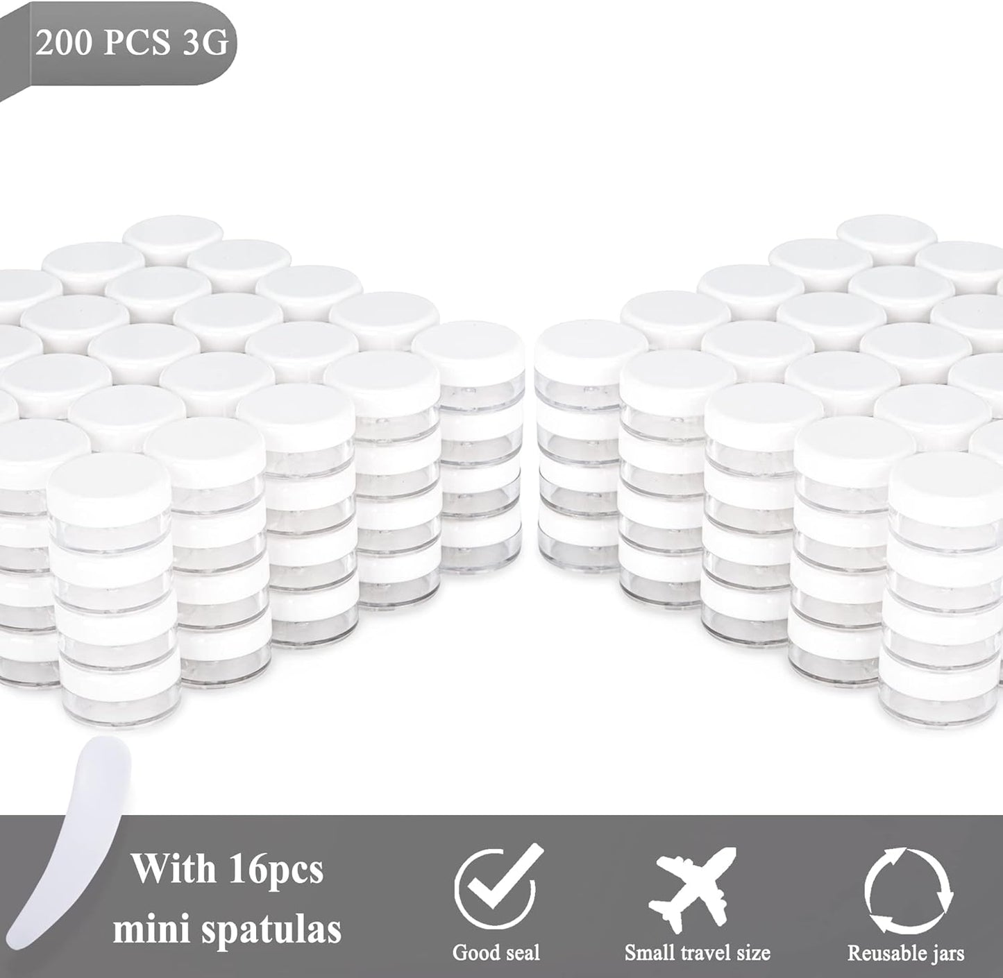 200PCS 3 Gram Sample Containers, 3ml Empty Jars with Lids, Small Cosmetic Containers, Mini Sample Jars with 16PCS Mini Spatulas for Make Up, Oils, Lotion, Powder, Paint, Jewelry, Lip Balms(White Lid)