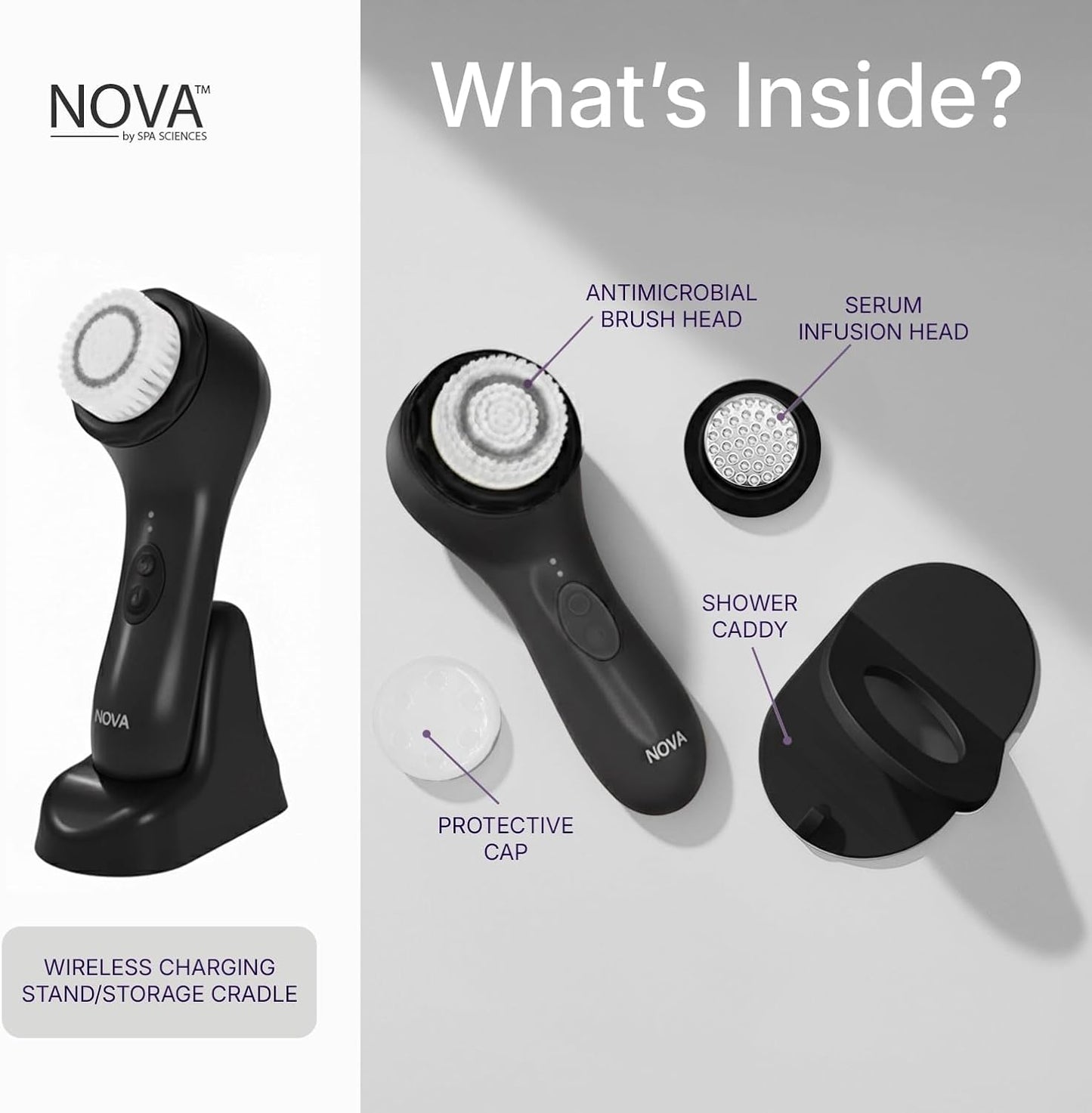 Spa Sciences - NOVA - Sonic Cleansing Brush with Bristles & Infusion System – Anti-Aging Facial Exfoliating, Waterproof, and USB Rechargeable