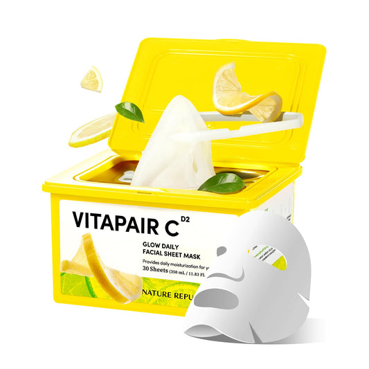 Nature Republic Vitapair C Glow Face Mask (30 vegan sheets) Niacinamide & Centella Asiatica Extract Bulk Facial spa Mask for Moisturizing & Hydrating Glow, korean beauty skin care for all skin types