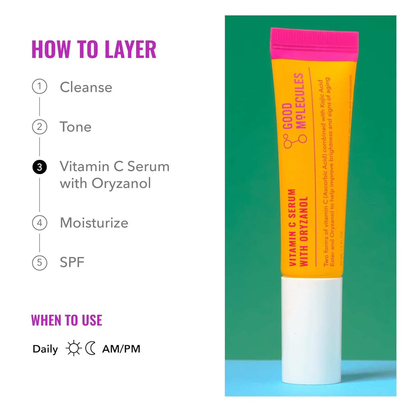 Good Molecules Vitamin C Serum with Oryzanol - Face Serum to Promote Even Skin Tone, Anti-Aging, and Brightening - Skin Care for Face