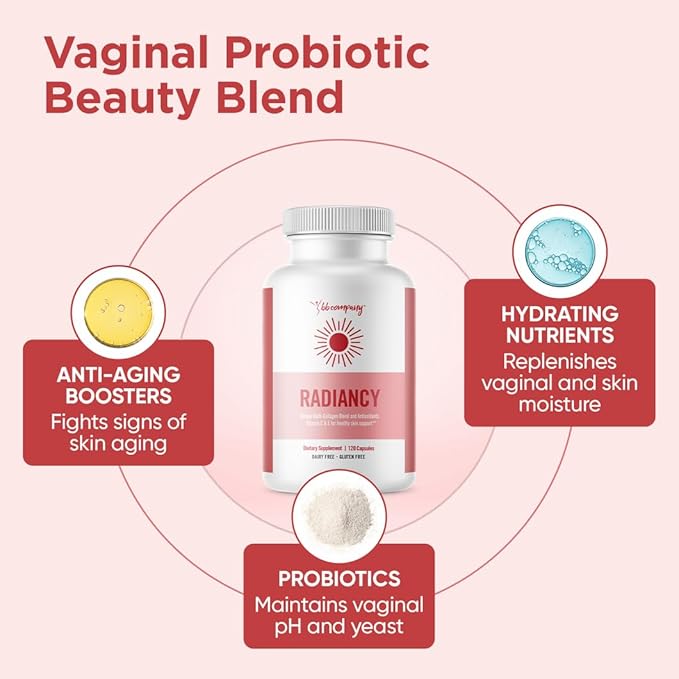 BB Company Radiancy | Vaginal Probiotics for Vaginal Dryness, pH Balance | Fights Itch, Odor | Anti-Aging | Hyaluronic Acid, Probiotics, Vitamin C, Multi Collagen | 120 Ct