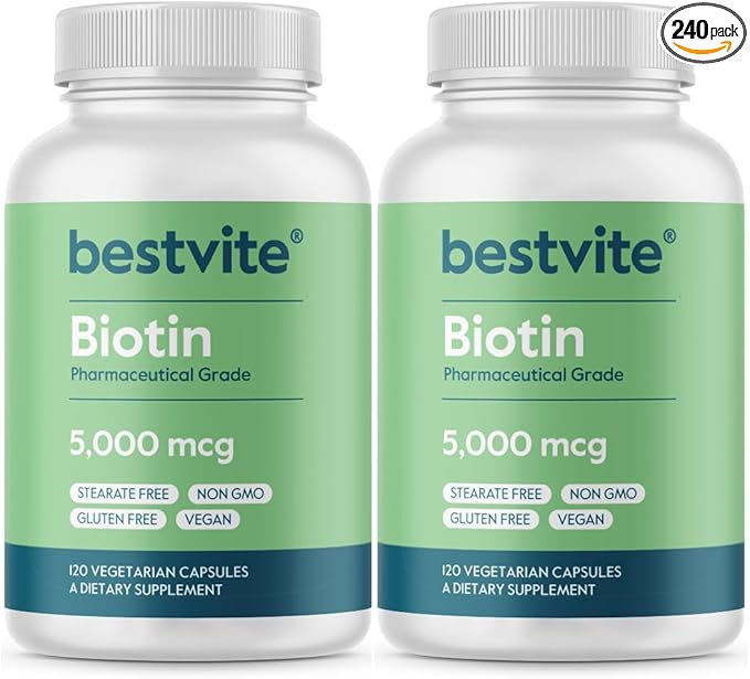 BESTVITE Biotin 5000mcg (240 Vegetarian Capsules) (120 x 2) - No Stearates - No Flow Agents - Vegan - Non GMO - Gluten Free - Hair, Skin, Nails