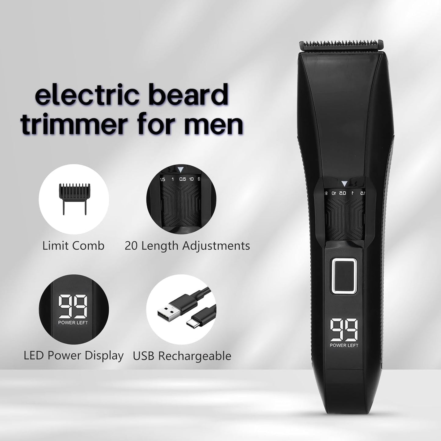 Men's Beard Trimmer, 20 Length Adjustable, IPX7 Waterproof Cordless Hair Clipper, Stainless Steel T-Blade for Precision Facial Hair Trimming for Men, LED Display(Black)