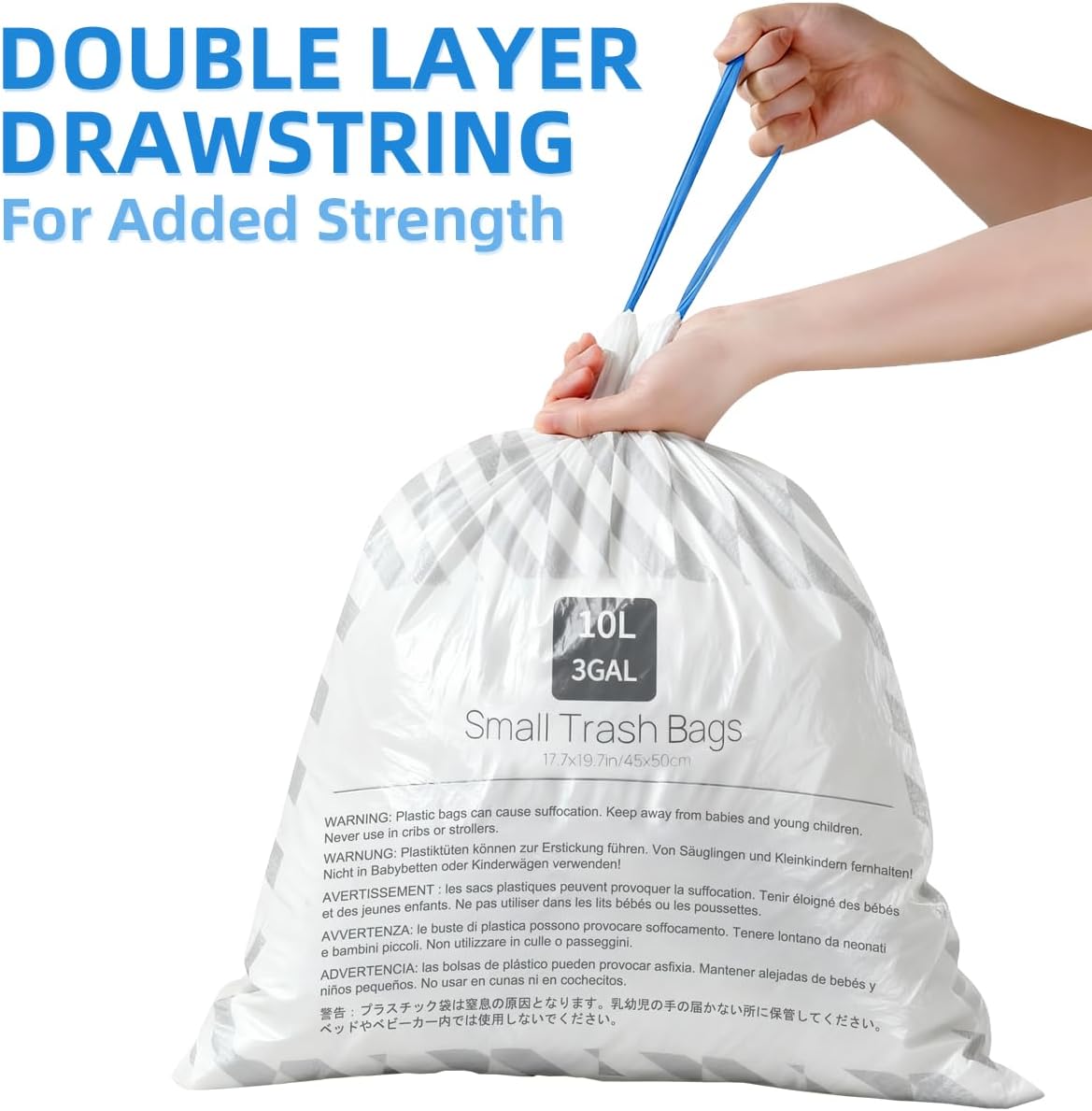 OKKEAI 2.6 Gallon Drawstring Trash Bags – 50 Count Printed Small Garbage Bags, Tear-Resistant & Leak-Proof Bin Liners, Odor Control, Safety Warning for Bathroom, Kitchen, Office