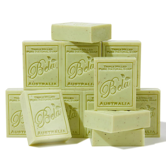BELA Lemon Myrtle and Lemongrass Soap 3.3 OZ Pack of 12, Long Lasting French Triple Milled Bar Soap with Organic Shea Butter Hand, Face and Body Wash Bar, Made in Australia