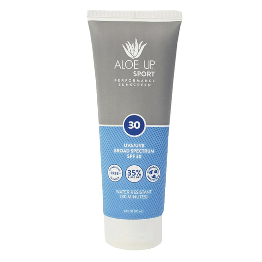 Aloe Up Sport Sunscreen Lotion SPF 30 - Broad Spectrum UVA/UVB Sunscreen Protector for Face and Body - With Hydrating Aloe Vera Gel - Non-Greasy No White Cast Reef Safe Fragrance-Free - 6 Oz.