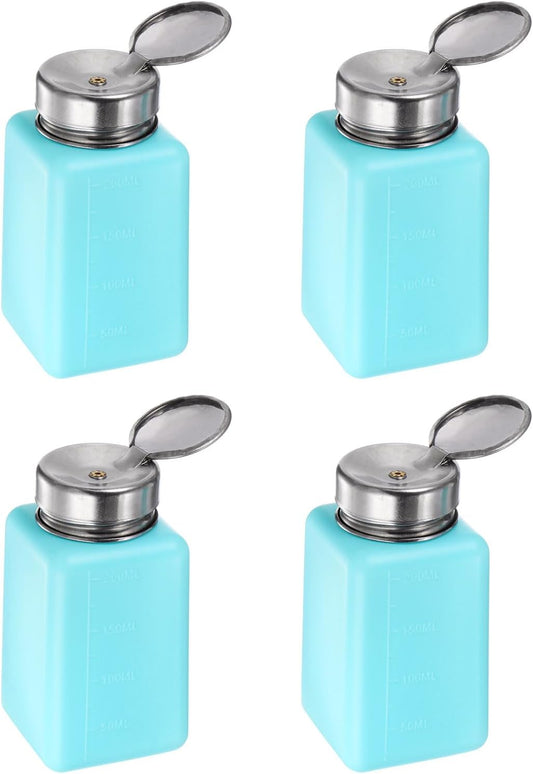HARFINGTON 4PCS 200ML(6.8oz) Push Down Alcohol Dispenser Pump Liquid Press Empty Bottles Refillable Container for Acetone Cleanser Nail Polish Remover, Blue