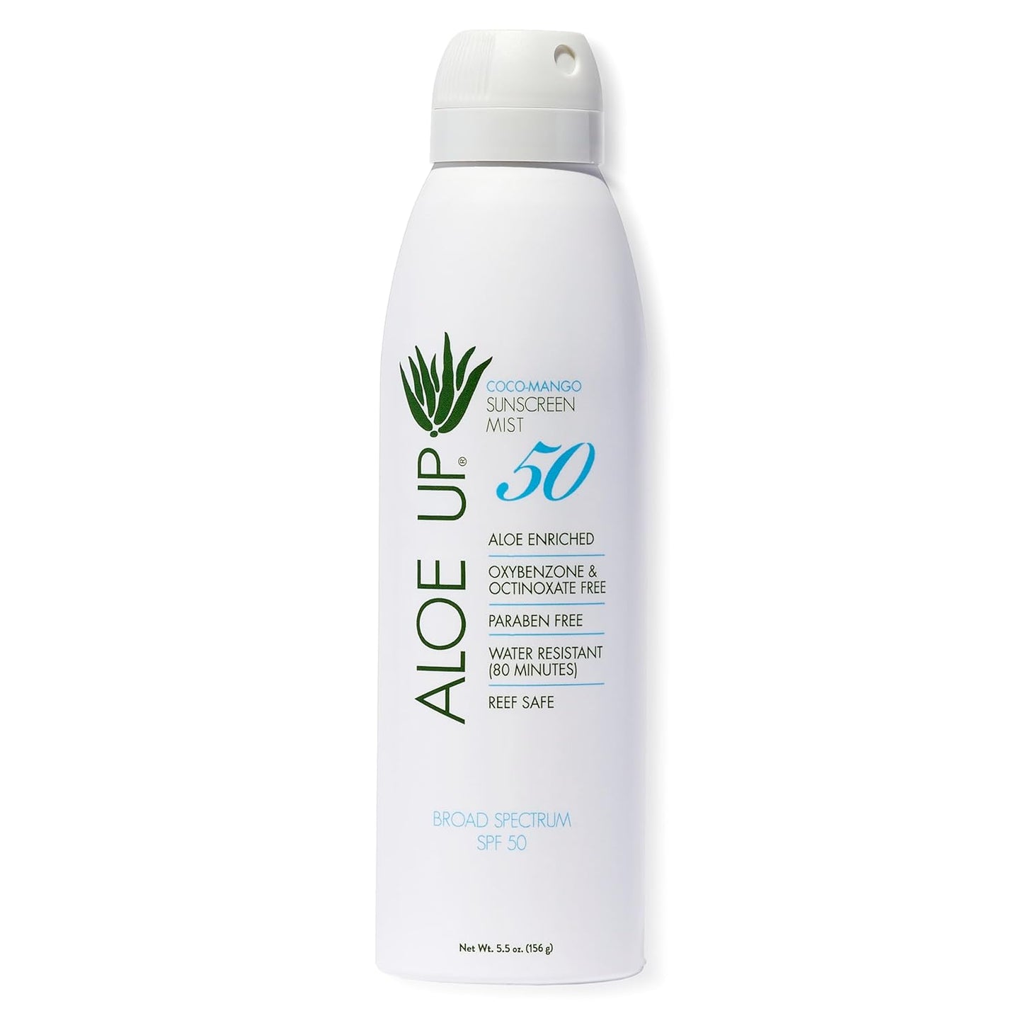 Aloe Up White Collection Continuous Sunscreen Spray SPF 50 Broad Spectrum UVA/UVB Sunscreen Protector for Face and Body with Moisturizing Aloe Vera Gel Reef Safe Coco Mango Fragrance 5.5 Fl. Oz
