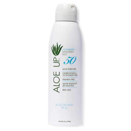 Aloe Up White Collection Continuous Sunscreen Spray SPF 50 Broad Spectrum UVA/UVB Sunscreen Protector for Face and Body with Moisturizing Aloe Vera Gel Reef Safe Coco Mango Fragrance 5.5 Fl. Oz