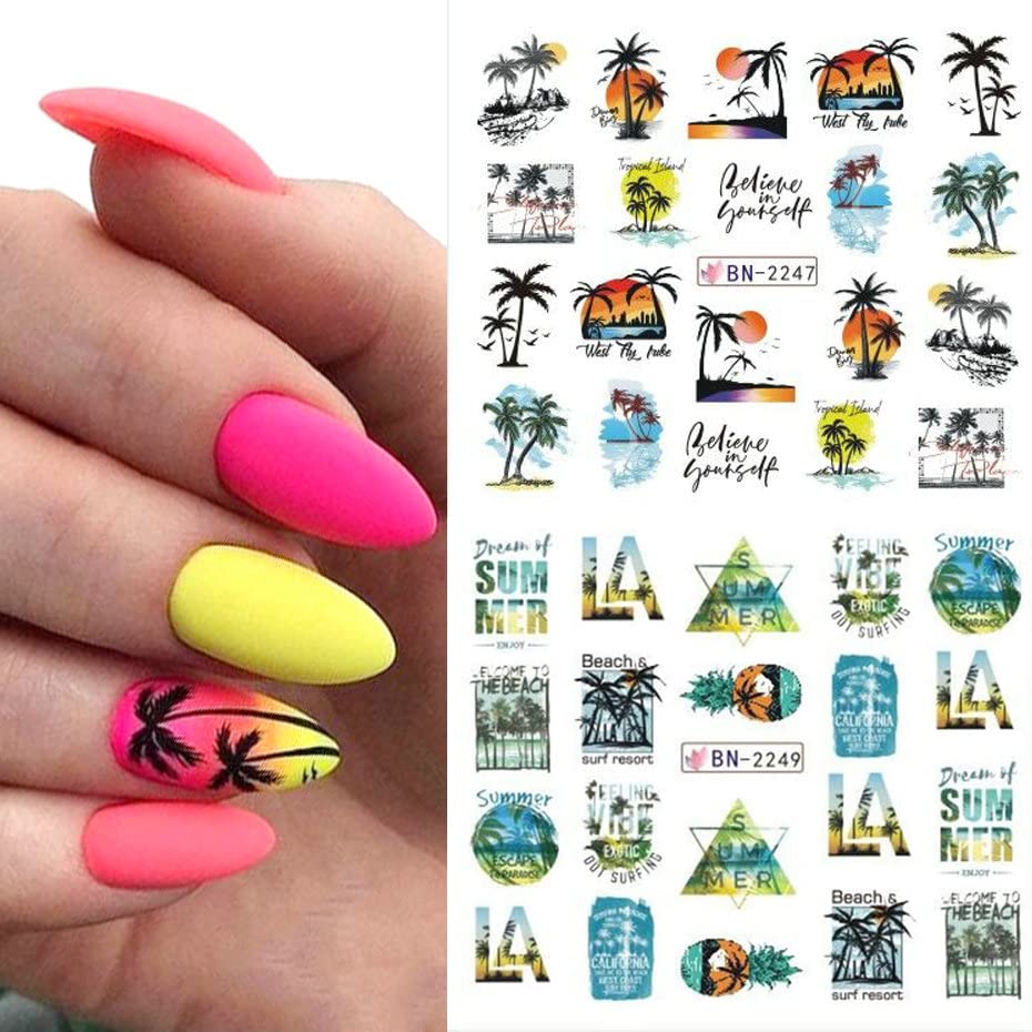 Summer Nail Art Stickers Water Transfer Summer Nail Decals for Nails Art Supplies Coconut Tree Ocean Beach Tropical Style Design Acrylic Nail Stickers for Women DIY Nail Art Accessories 12 Sheets