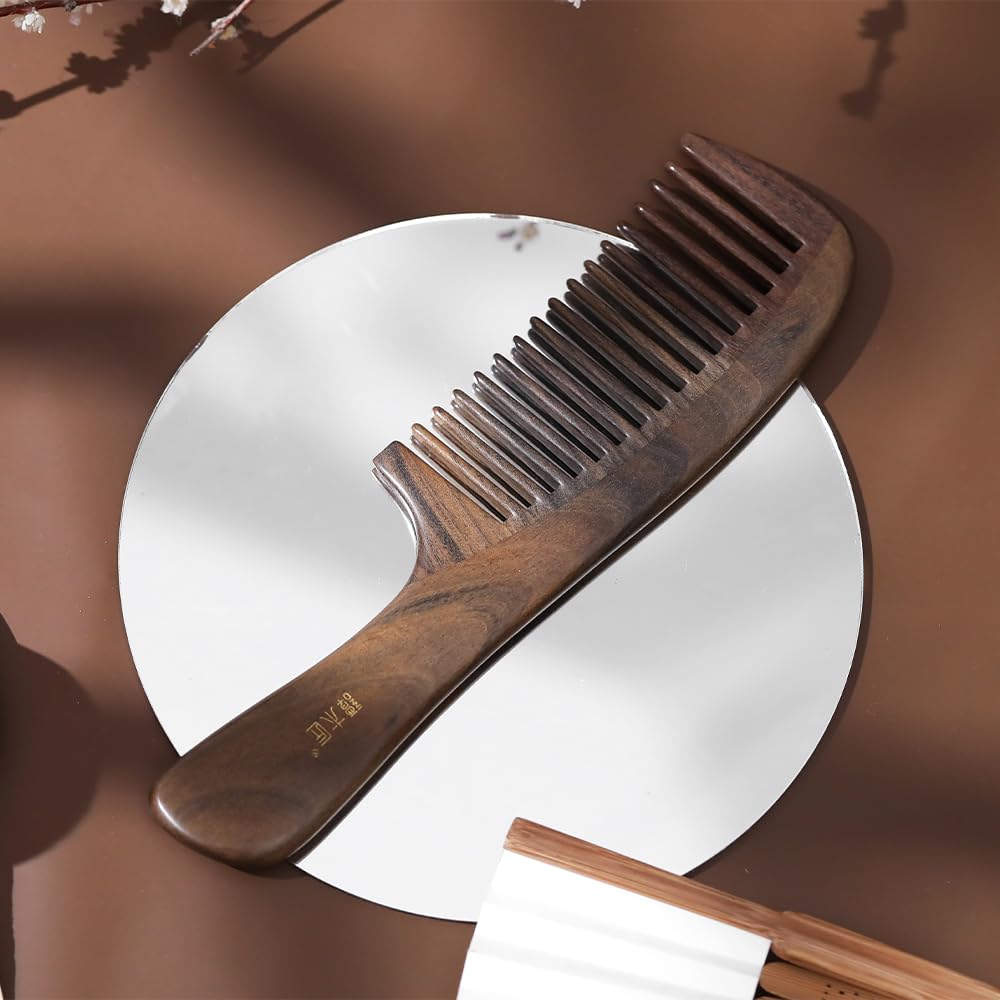 TAN MUJIANG Natural Wood Comb with Handle - CGB0202 Ergonomic Grip & Palm-Fit Arch Anti-Static Detangling Luxury Gift Set