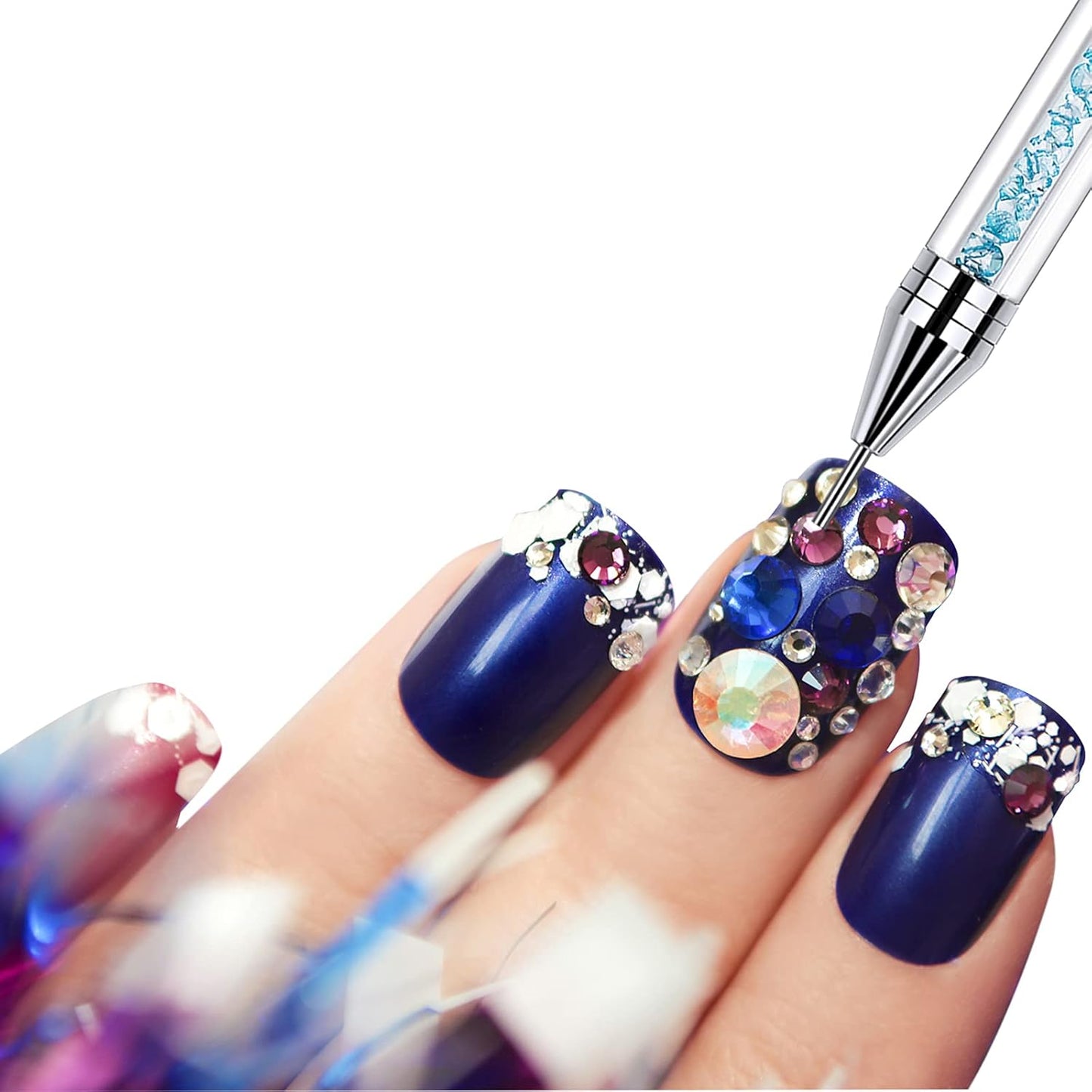 2 Pieces Rhinestone Picker Dotting Pen, Dual-ended Rhinestone Gems Crystals Studs Picker Wax Pencil Pen Crystal Beads Handle Manicure Nail Art DIY Decoration Tool (Light Blue Pink)