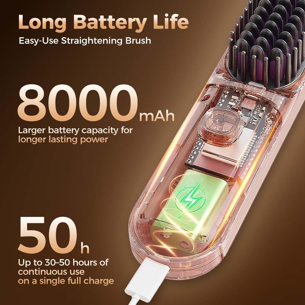 Cordless Hair Straightener Brush, 2026 Updated Mini Portable Hair Straightener for Travel, Fast Heating Straightening Brush, USB Ceramic Electric Hair Comb for Women Straightening and CurlingBlack