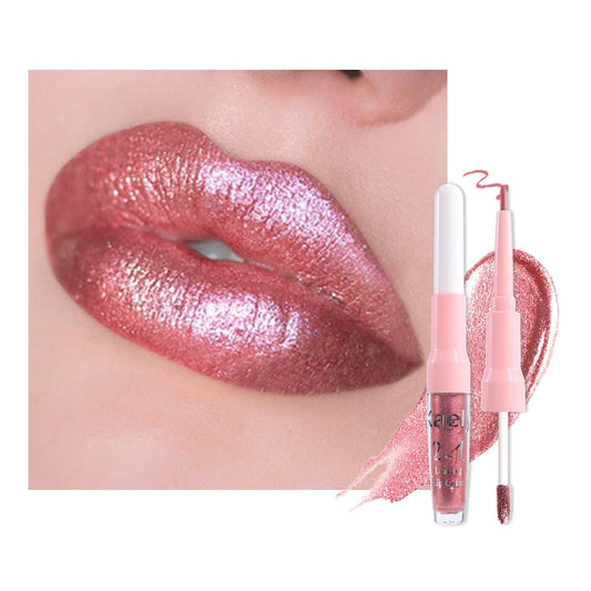 Kaely 2-in-1 Pink Red Metallic Lipstick and Lip Liner, Shimmer Liquid Metallic Lipsticks for Women, Glitter Lip Gloss Stain Long Lasting Waterproof Smudge Proof 24 Hour, Vegan Makeup, 09