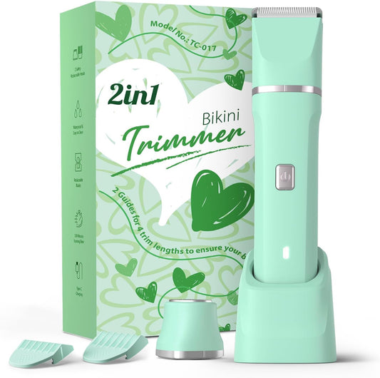 Pubic Hair Trimmer Women for Bikini Area & Body - Electric Razor Shaver with Ceramic Blade, Detachable Head, Waterproof IPX7, Battery Indicator, Fast Charging, Wet/Dry Groomer Set - Green