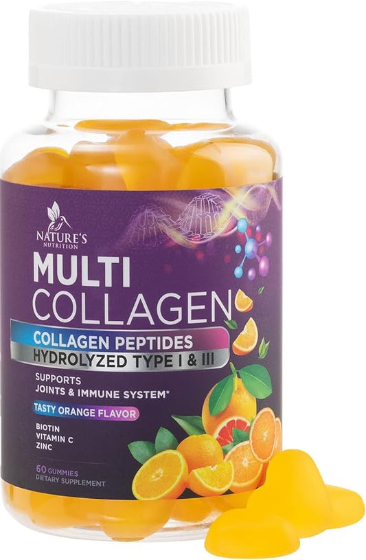 Collagen Gummies for Women with Vitamin C, Zinc & Biotin - Hydrolyzed Protein Type 1 & 3 Multi Collagen Peptides Supplement - Support for Hair, Skin, Nails & Joints, Gluten Free Complex - 60 Gummies