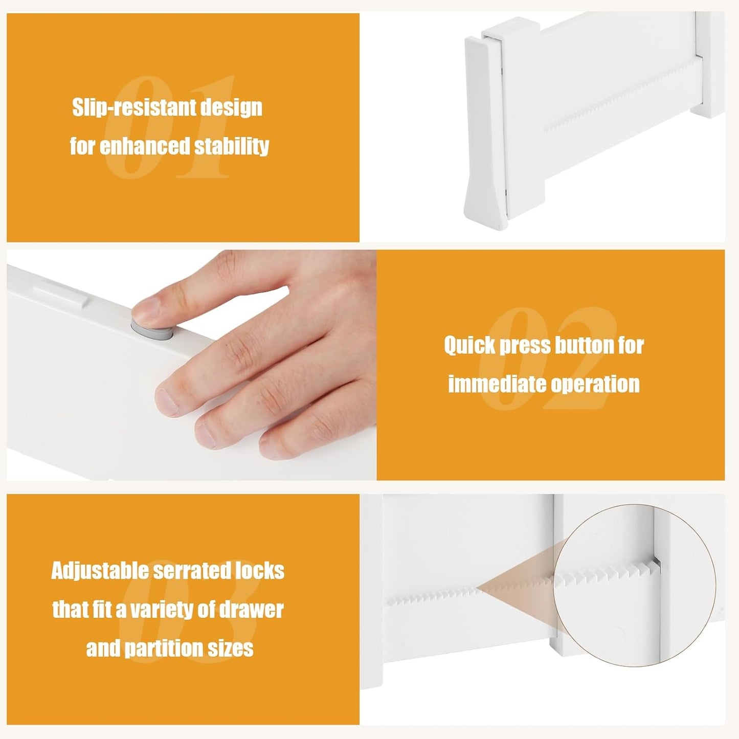 8 Pack 4" High Drawer Dividers, 11"-17" Expandable Drawer Organizer For Clothes, Dresser Drawer Organizer, Warm White Drawer Separators for Baby Clothes, Vanity, Cosmetic, Kitchen and Office Storage