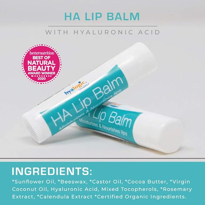 Hyalogic HA Lip Balm - Hyaluronic Acid & Organic, Natural Coconut Oil - Soothes Dry, Chapped Lips - Plumping, Moisturizing & Nourishing - Unflavored - Fragrance & Dye Free - 4.25g - 18 Sticks