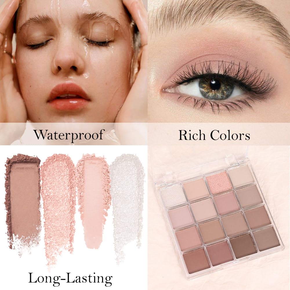 16Color Matte Shimmer Eyeshadow Palette, Natural Nude Dark Brown Champagne Gold Coffee Sparkly Eye Shadow Makeup, Warm Pastel Eyeshadows Long Lasting Waterproof Naturing-Looking Women Girls Eye Shadow