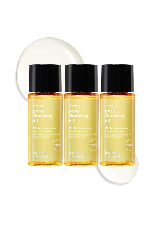 Hanskin PHA Pore Cleansing Oil Mini Set (1.01 oz x 3) – Travel Size Facial Oil Cleanser & Makeup Remover | Gentle Blackhead Care, TSA Friendly | Korean Skincare Stocking Stuffer & Gift for Women