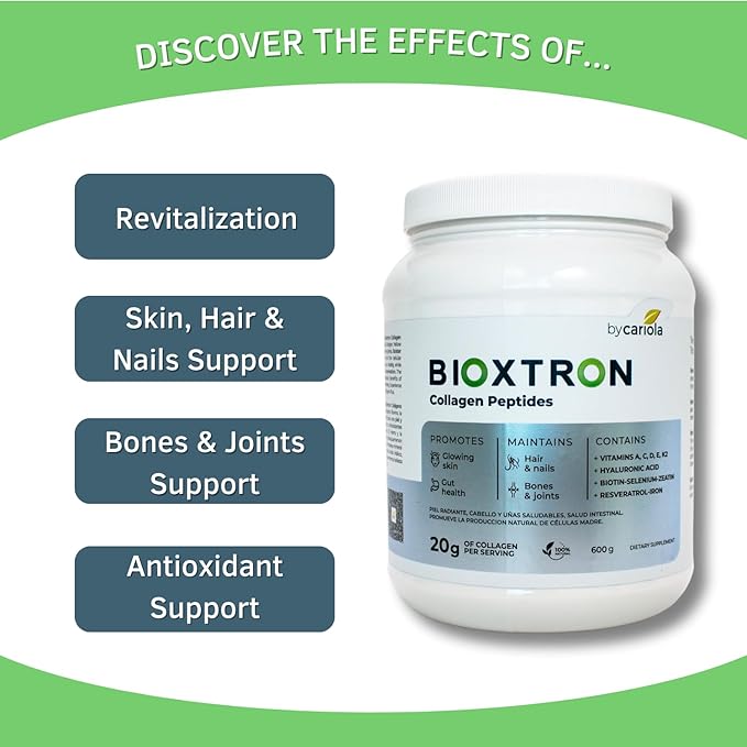 Bioxtron Collagen Peptides Powder - Skin Support, Hair & Nails Support - Stem Cell Renewal Bones & Joinst Support - Type I Collagen - AFA Hyaluronic Acid - 21 Oz