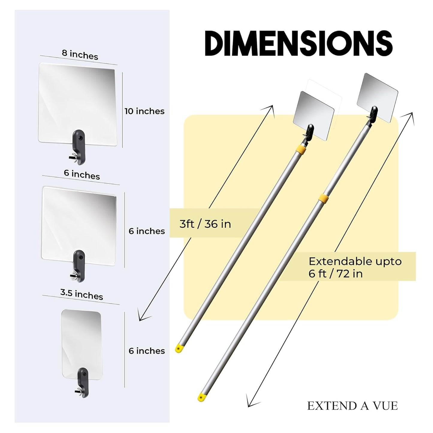 Inspection Mirror Telescoping Pole, Lightweight & Durable, 3 ft - 6 ft Pole, 3 Size Acrylic Mirror