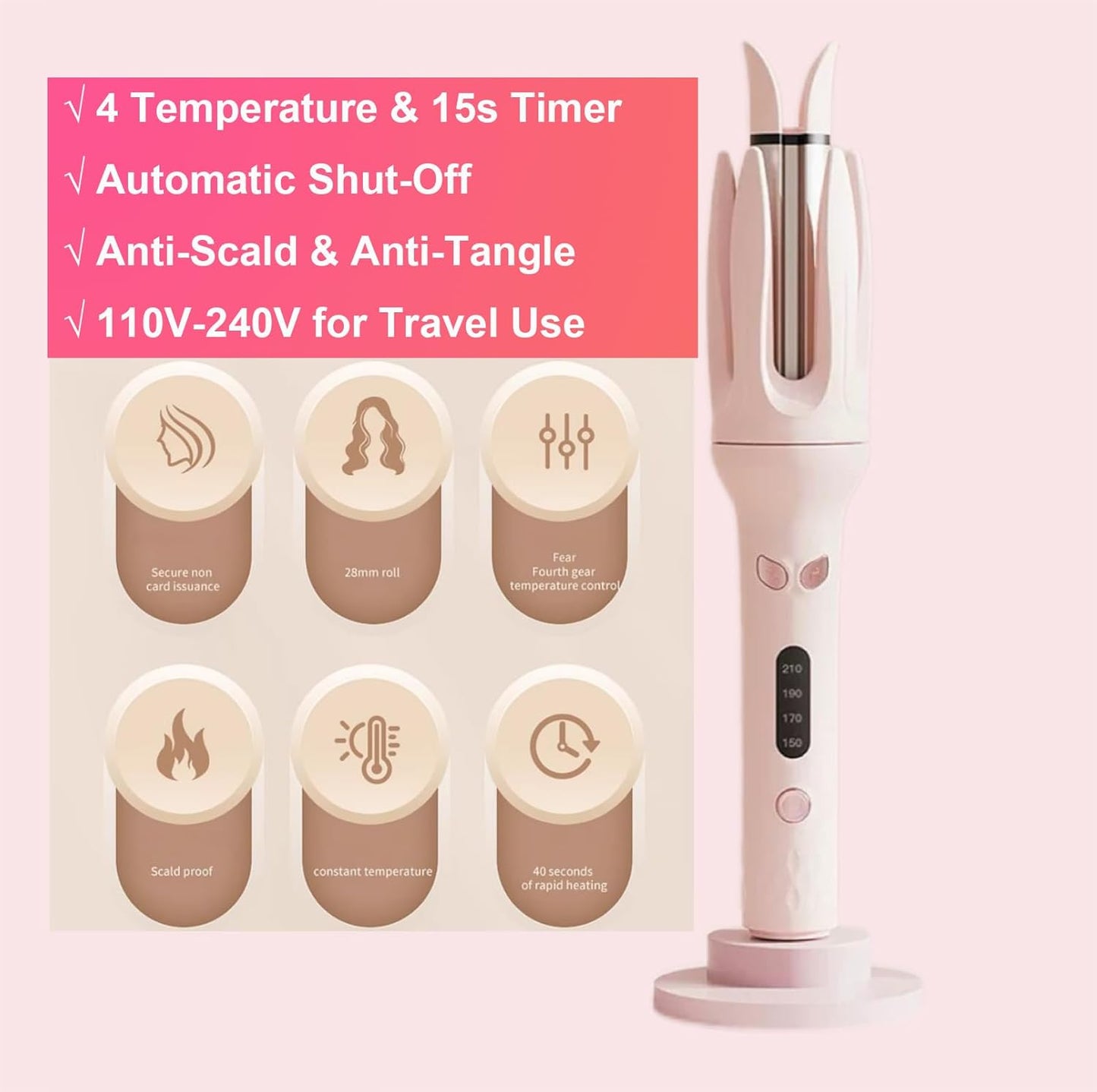 Automatic Hair Curler, Automatic Curling Iron Hair Waver with 4 Temperature&15s Timer，Automatic Shut-Off, Anti-Scald, Anti-Tangle Rotating Curling Travel Size 110V-240V (Pink)