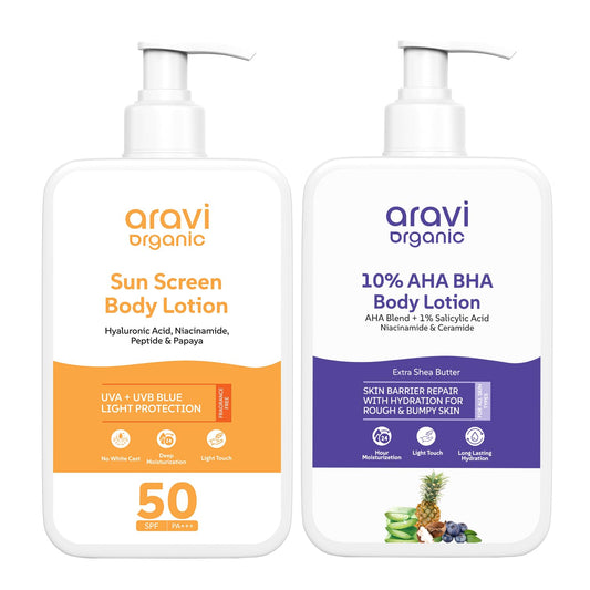 Aravi Organic De-Tan Body Lotion Combo | AHA BHA Body Lotion for Skin Renewal & SPF 50 PA++++ Sunscreen for Tan Protection | Hydrating Formula | For Men & Women | 200ml