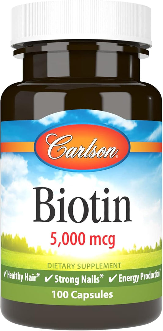 Carlson - Biotin, 5000 mcg, Healthy Hair, Strong Nails & Energy Production, 100 Capsules