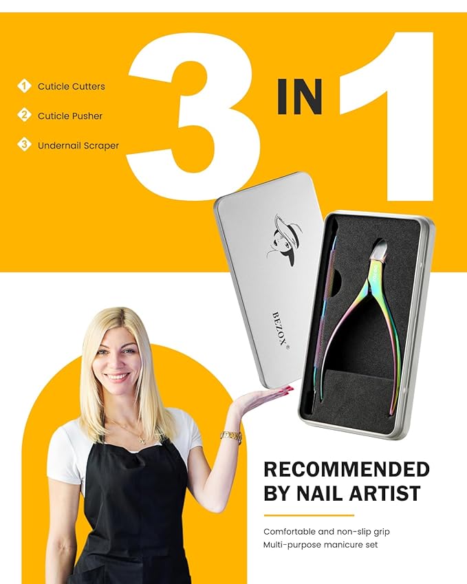 BEZOX Cuticle Trimmer with Pusher - Salon Quality Cuticle Clipper with Cuticle Pushers, Super Sharp Cuticle Cutters and Dual-End Nail Pushers Cuticle Stick, Professional Manicure Tools - Rainbow