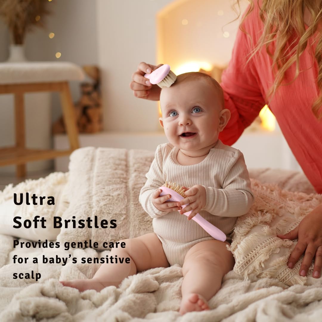 Baby Hair Brush - Ultra Soft Goat Bristles - Wooden Cradle Cap Brush for Newborns, Infants, Toddlers - Gentle Scalp Grooming and Styling for Baby Girls and Boys (Rosa)