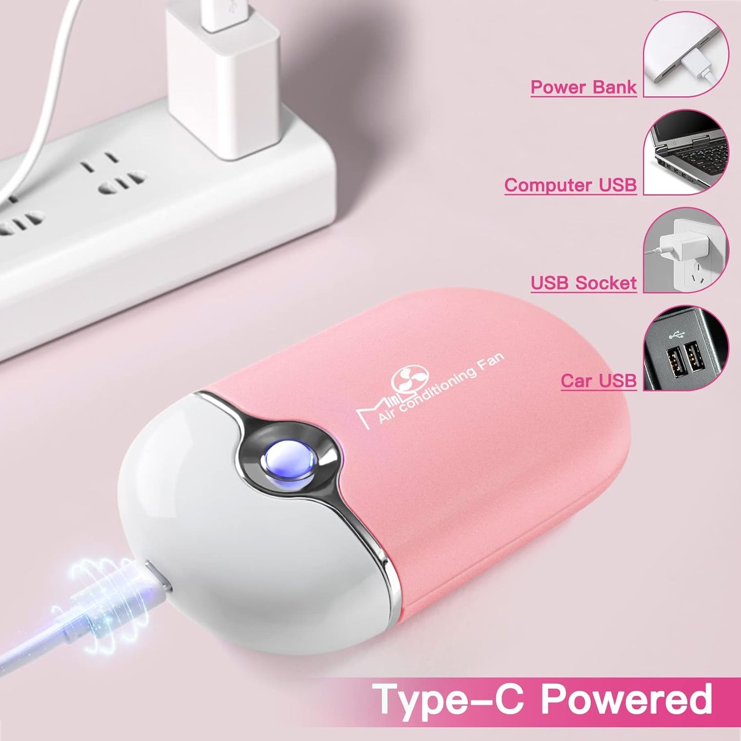 Lash Fan Mini Portable Eyelash Fan Handheld for Eyelash Extension Rechargeable USB C Air Cooling Blower with Built in Sponge Lash Extension Application(Pink)