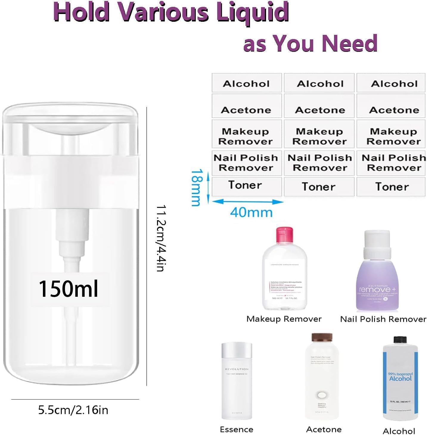 Moonlik 3Pack Acetone Dispenser, Push Down Pump Dispenser Nail Polish Remover Alcohol Bottle with Labels Empty Travel Container with Label for Makeup Liquid Jar 5.1oz/150ML