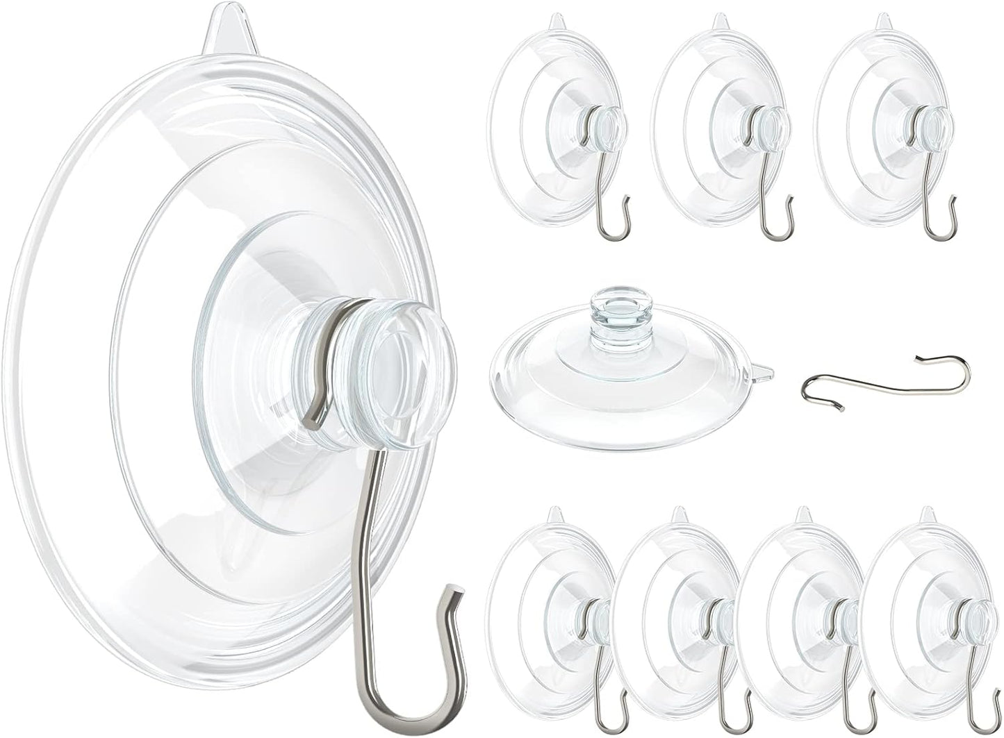 VIS'V Suction Cup Hooks, 2.5 Inch Large Window Suction Cups with Metal Hooks, Removable and Reusable, Clear, 10 Pcs