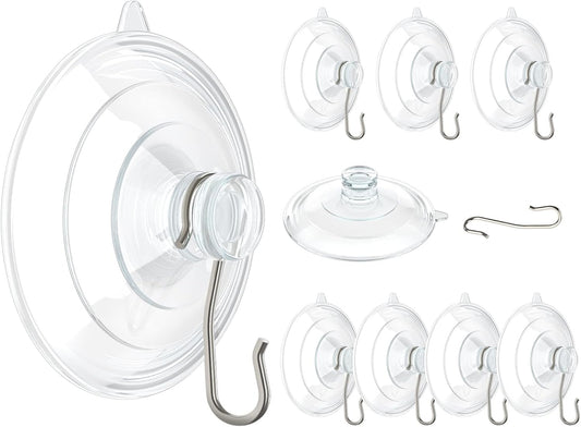VIS'V Suction Cup Hooks, 2.5 Inch Large Window Suction Cups with Metal Hooks, Removable and Reusable, Clear, 10 Pcs