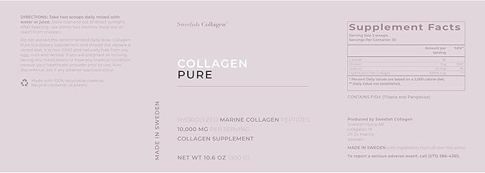 Swedish Collagen - Hydrolyzed Marine Collagen 10,000 mg Powder Supplement - Pack of 300 g, 30 Day Supply | Pure Peptide to Support Healthy Hair, Skin, Nails and Joints I 100% Natural and Gluten Free