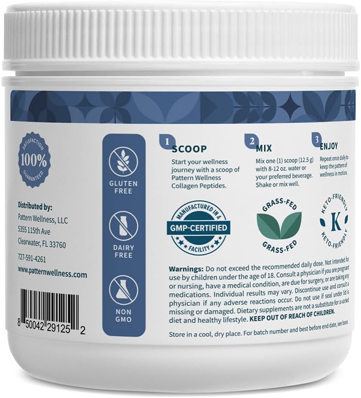 Pattern Wellness Collagen Peptides Powder (Type I & III) - Hair, Nails, Skin & Joint Support - Grass Fed & Pasture-Raised - Hydrolyzed, Non-GMO, Dairy Free, & Keto-Friendly - Cookies & Cream (13 Oz)