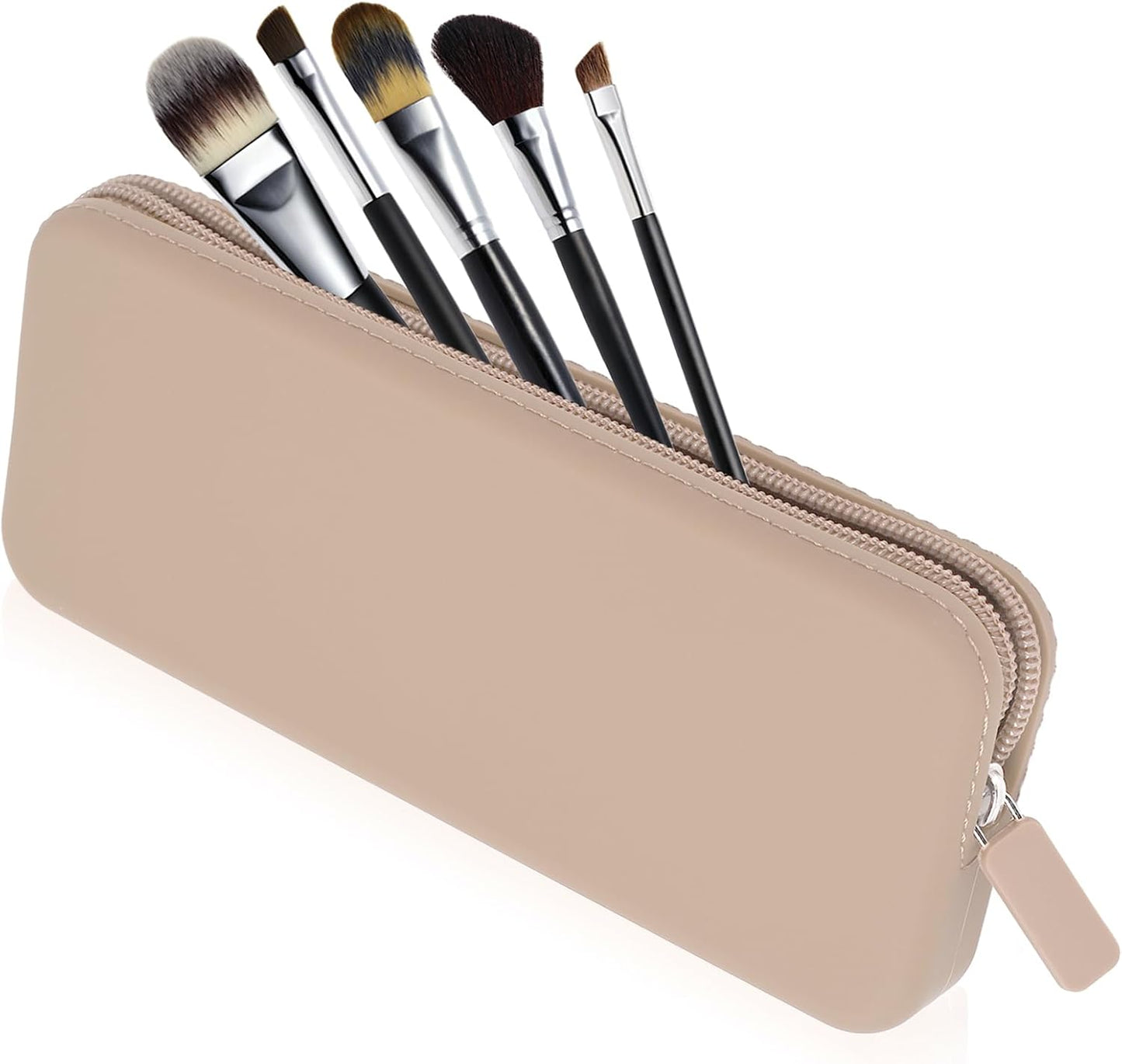 Sakolla Travel Makeup Brush Holder, Silicone Makeup Brush Bag with Zipper Closure, Makeup Brushes Organizer Case Washable Makeup Pouch Holder Case for Daily, Work, Essentials (Khaki)