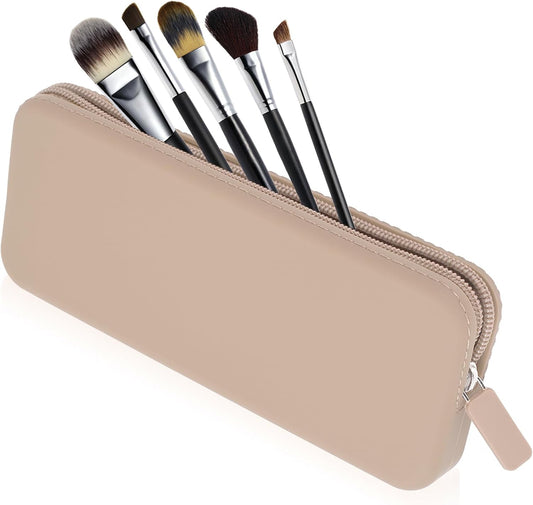 Sakolla Travel Makeup Brush Holder, Silicone Makeup Brush Bag with Zipper Closure, Makeup Brushes Organizer Case Washable Makeup Pouch Holder Case for Daily, Work, Essentials (Khaki)