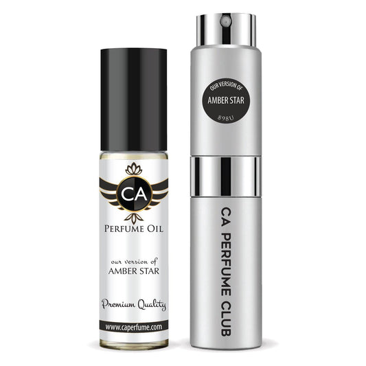 CA Perfume Duo Impression of Amber Star For Women And Men Perfume Layering Set Long Lasting Travel Size EDP + Body Oil Roll-On Bottle 0.27 Fl Oz+0.33 Fl Oz